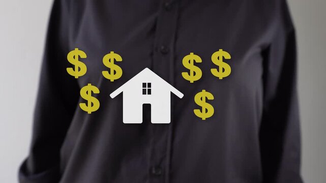 Businessperson pointing at an animation of a house icon surrounded by money signs; real estate concept.