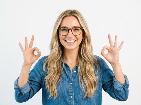 Smiling young woman with glasses making an okay hand gesture isolated on white background