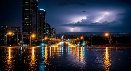 Fototapeta premium Dramatic Night View of a City Illuminated by Lightning and Reflections on Wet Pavement During a Storm