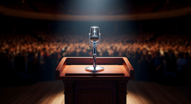 Elegant Microphone on Podium Surrounded by Focused Audience in a Grand Theater Setting for a Live Speech Event