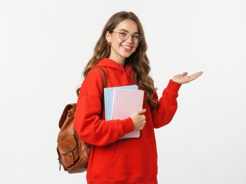 Smiling student girl with backpack and books presenting something isolated on white background