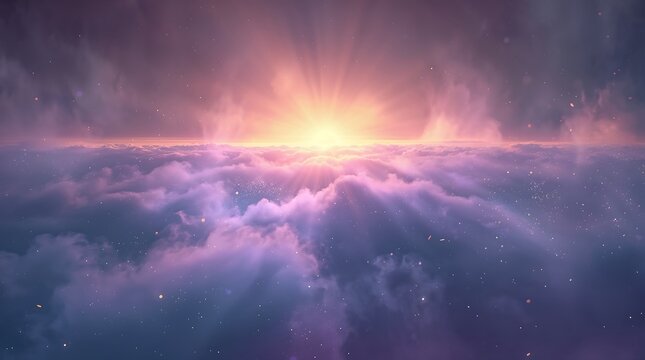 Beautiful sunrise above the clouds with sun rays and stars in the sky