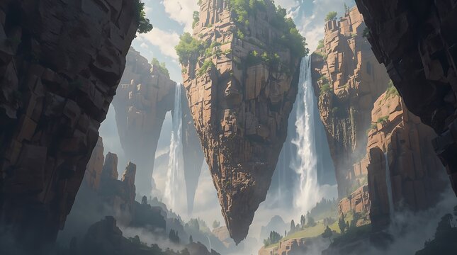 A stunning rocky cliffside with lush greenery and majestic waterfalls cascading down