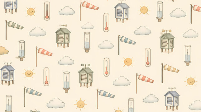 Charming seamless pattern features hand drawn meteorological instruments including thermometers rain gauges wind socks and cute suns scattered across a whimsical educational stationery template
