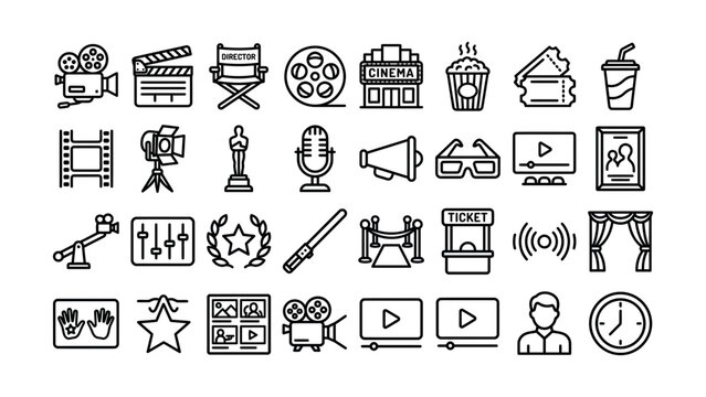 Collection of movie and filmmaking icons set isolated on transparent background