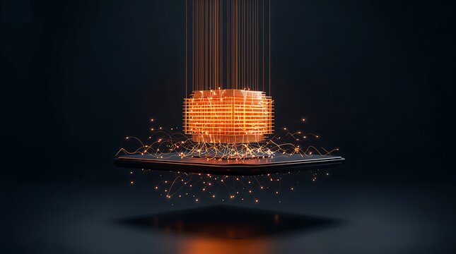 A glowing orange 3d wireframe model on a tablet with connections and sparks