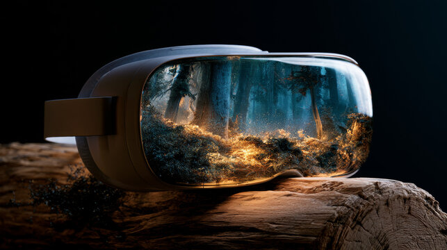 VR headset on a wooden log displaying a glowing surreal fantasy forest inside the visor concept of virtual reality and futuristic technology