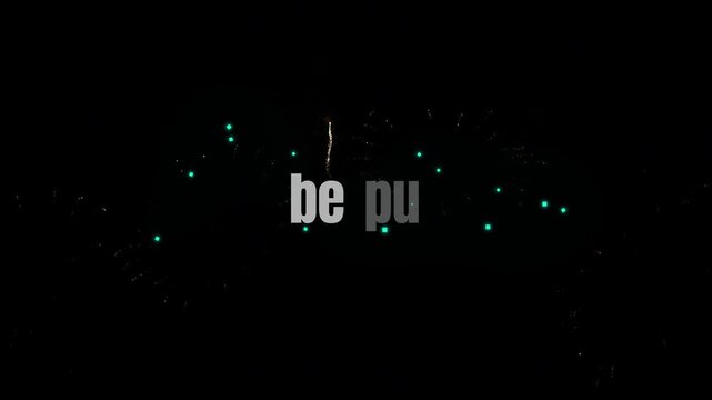 Abstract light streaks move through a dark void surrounding the static text be pu in a high contrast digital visual display.