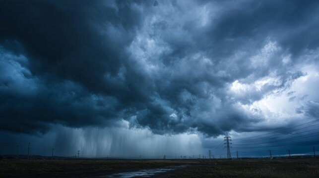 Dramatic cloudy sky with lightning flashes and heavy rain, dark storm clouds creating a powerful atmospheric weather scene, natural rainfall and moody sky landscape with dynamic stormy weather conditi