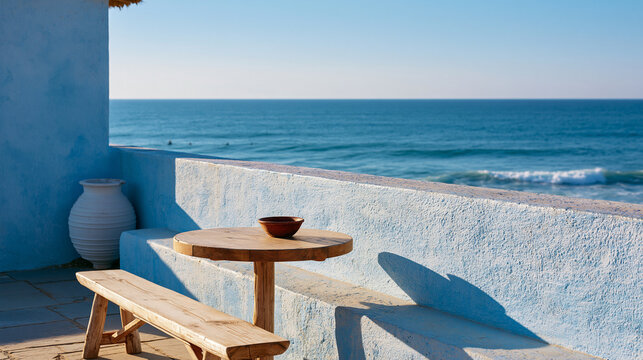 Rustic outdoor patio with wooden table and bench facing a vast blue ocean under bright sky.