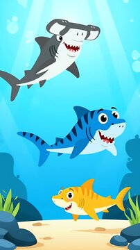 Cute cartoon shark family swimming underwater, pixel art style, children's animation, ocean life, sun rays, bubbles, and seabed