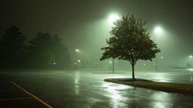 Heavy rain falling around a large tree in a parking lot, dramatic stormy weather with wet pavement, water reflections, dark cloudy sky, atmospheric natural landscape and powerful rainfall scene