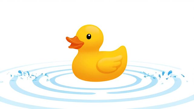 Animated yellow rubber duck splashing in blue water ripples, playful motion graphic for bath time fun