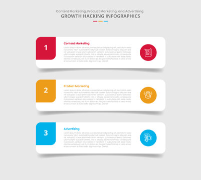 Growth hacking for infographic with drop shadow style with round rectangle box stack position with 3 point list information