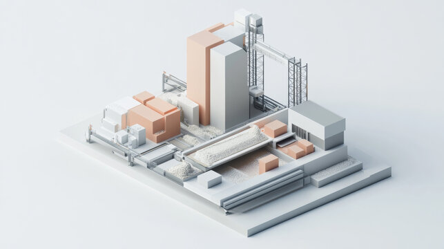 Isometric 3d rendering of modern industrial factory model concept with minimalist design