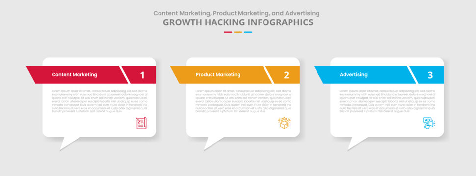 Growth hacking for infographic with drop shadow style with callout discussion box with sharp header with 3 point list information