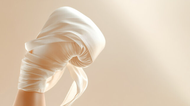 Smooth beige silk fabric wrapped around hand with soft lighting background aesthetic abstract texture