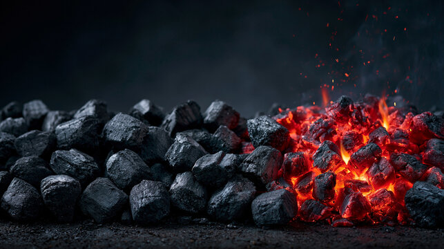 Smoldering charcoal pile featuring bright glowing embers and flying sparks for dramatic energy background.