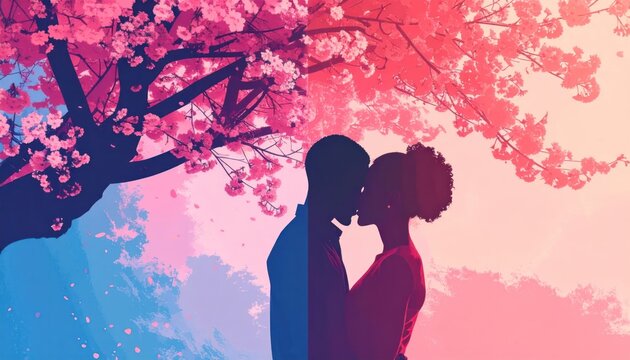 Kissing couple silhouette under cherry blossom tree.