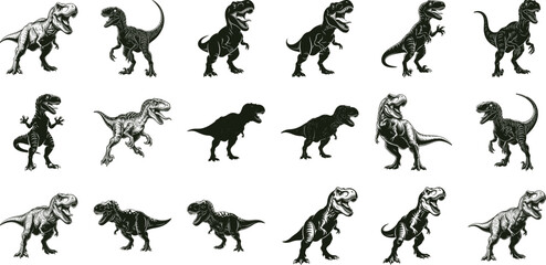 Fototapeta premium Detailed set of prehistoric dinosaur silhouettes featuring various standing and roaring poses for educational designs