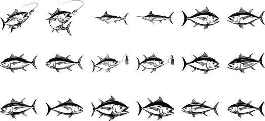 Fototapeta premium Set of black and white tuna fish icons captured in various swimming and hunting poses