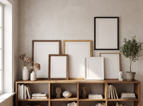 Wooden and White Empty Frames Leaning on Shelf with Vase Decor.