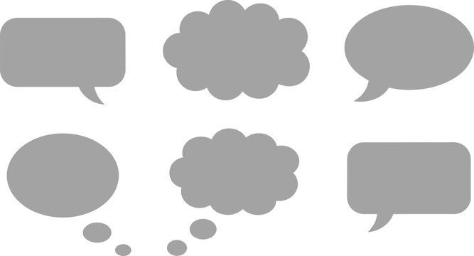 A set of six light grey speech and thought bubble featuring diverse rounded rectangular, oval, and cloud-like shapes isolated on a plain white background
