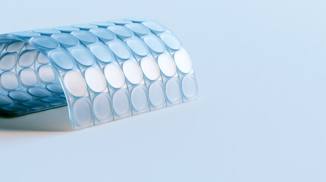 Curved flexible silicone sheet with micro gel pads array on light blue background