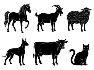 Fototapeta premium Set of black domestic and farm animal silhouettes including horse, cow, sheep, goat, dog, and cat