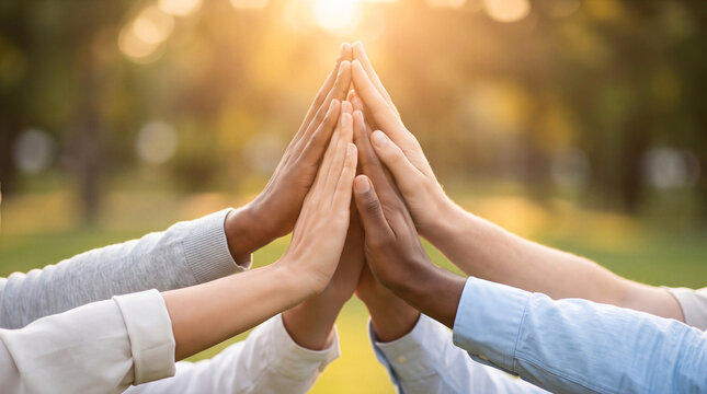 Diverse multiracial hands coming together in a group. Concept for teamwork, unity, partnership and community support