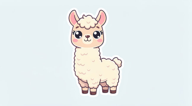 Cute cartoon alpaca sticker standing on blue background