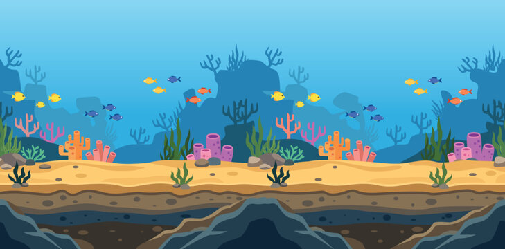 Underwater cartoon landscape with coral reefs and seabed layers for 2d game background.