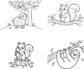 Naklejka premium Set of cute hand drawn animal illustrations featuring a sheep a squirrel and a sloth for coloring book pages and creative projects