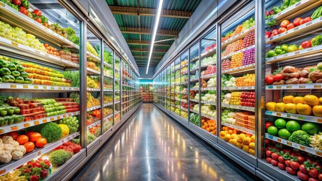 Colorful Grocer's Produce Aisle with Fresh Fruits and Vegetables