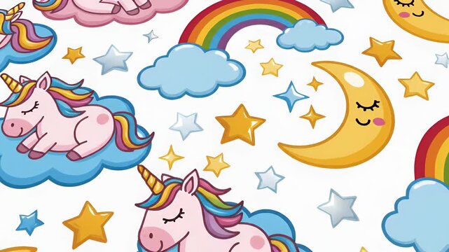 Pixel art cute unicorn sleeping on cloud, moon, rainbow, stars, seamless pattern, cartoon style, fantasy, dreamlike