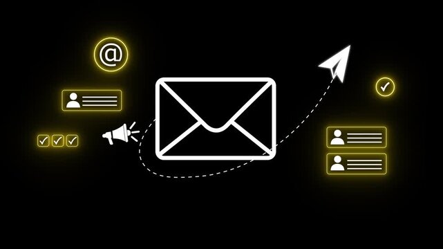 Digital marketer using email marketing tools black background, on laptop and smartphone, sending newsletters emails, Customer lifetime value (CLV) retention engine motion graphic..