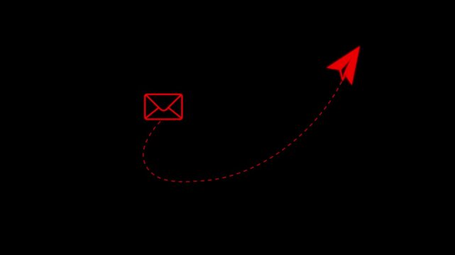 Red Email Envelope and Flying Paper Plane Animation with Curved Motion Path, Digital Message Sending, Email Marketing, Business Communication and Social Media, 4K.