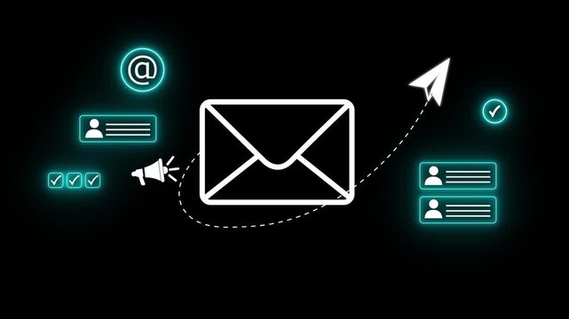 Digital marketer using email marketing tools black background, on laptop and smartphone, sending newsletters emails, Customer lifetime value (CLV) retention engine motion graphic..