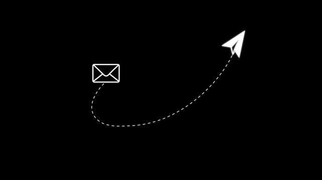 White Email Envelope and Flying Paper Plane Animation with Curved Motion Path, Digital Message Sending, Email Marketing, Business Communication and Social Media, 4K.