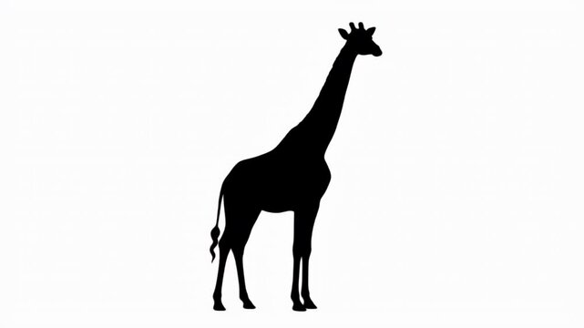 Black silhouette of a giraffe standing, isolated on white background, simple animal illustration, safari mammal icon