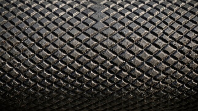 Close-up of a black, cylindrical tool handle featuring a repeating diamond-shaped knurled pattern, providing a rugged, non-slip grip texture for industrial equipment or hand tools