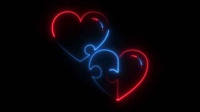 Two interlocking heart puzzle pieces, representing connection, partnership, romantic bond, two halves, puzzle pieces, heart, motion graphic..