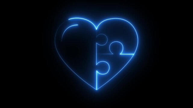 Heart-shaped puzzle piece fitting perfectly into another half, representing soulmates, black background, complementary partners, unity motion graphic concept..