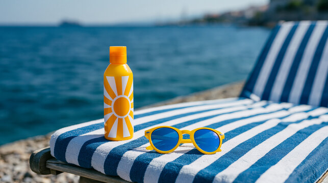 Summer beach gear with yellow sun print sunscreen and blue striped towel on lounger.