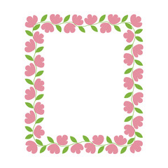 Obraz premium Rectangular floral frame border with pink blossoms and green leaves in a simple flat vector illustration