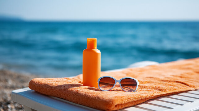 Sun protection essentials with orange sunscreen bottle and white sunglasses on towel.