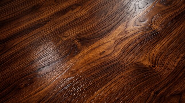 Close-up of dark brown lacquered wood surface with prominent grain patterns, swirling wood knots, and reflective glossy finish showing light highlights across the textured timber planks