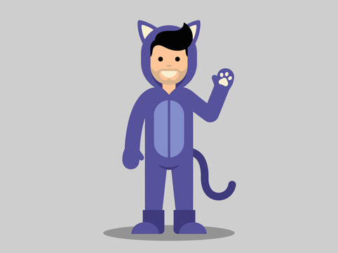 Smiling Man Wearing Purple Cat Kigurumi Onesie Costume Waving Vector Illustration