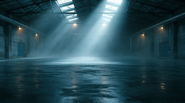 Sunlight beams streaming through roof windows into empty industrial warehouse space.