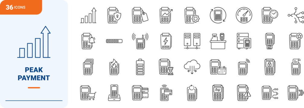 Pos Terminal Payment Peak Load Web Icon Set in Linear Style. Collection of High Volume Checkout line icons, including throughput, queue, traffic, capacity, server, transaction.